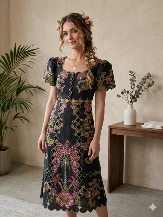 FARM Rio Dresses & Skirts - FARM Rio Ravenela Floral Embroidered Black Linen Midi Dress Women's Small NWT